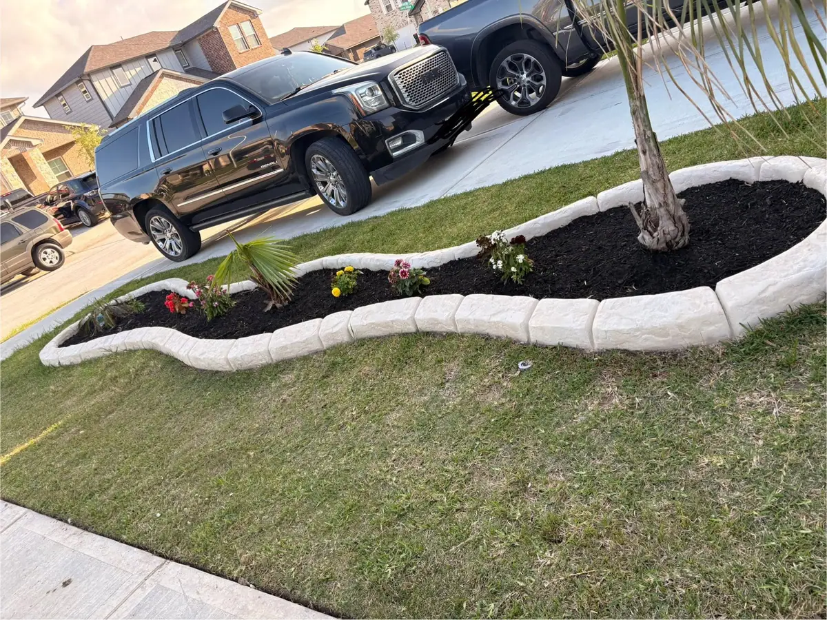 Curved stone-edged flower bed with fresh plantings along a driveway